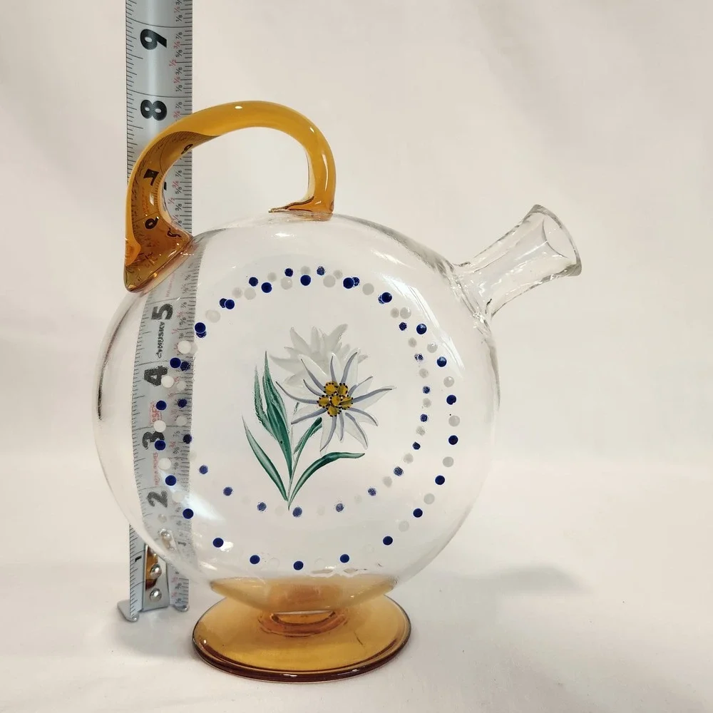 Vintage Hand Painted Edelweiss Glass Decanter or Vase Amber Handle Pitcher 8.5in